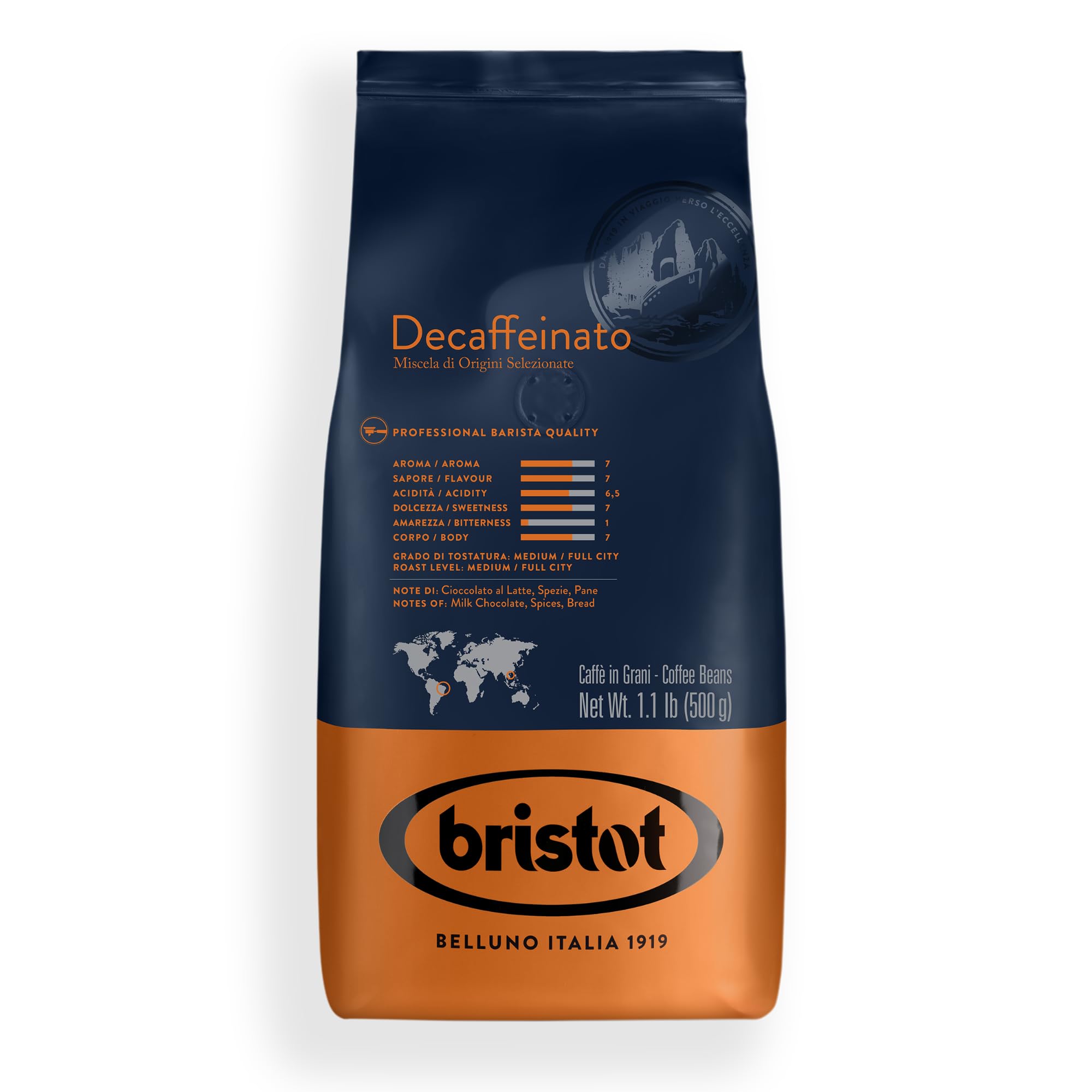 Bristot Decaf Italian coffee beans bag front highlighting premium espresso blend.