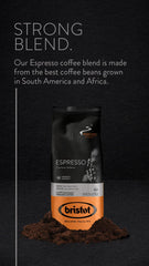 Bristot Espresso Cremoso Italiano ground coffee beans close-up, medium roast texture.