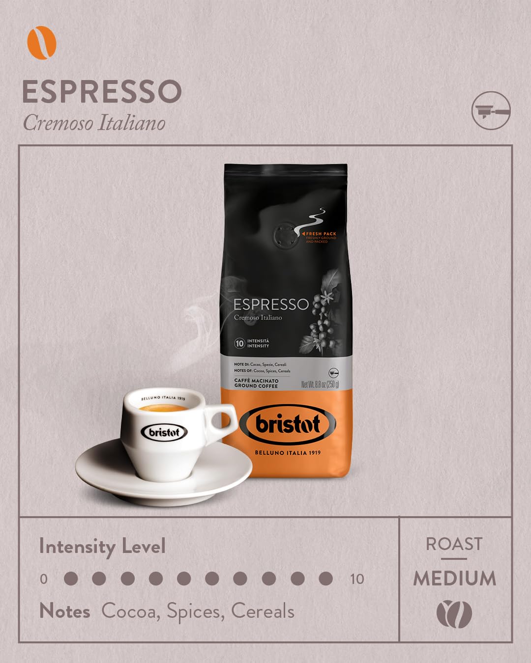 Bristot Espresso Cremoso Italiano coffee packaging, ready for morning espresso aroma.