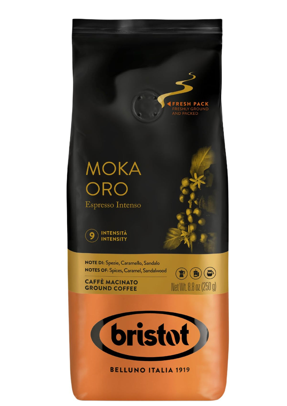 Bristot Moka Oro ground coffee packaging highlights premium blend for home brewing