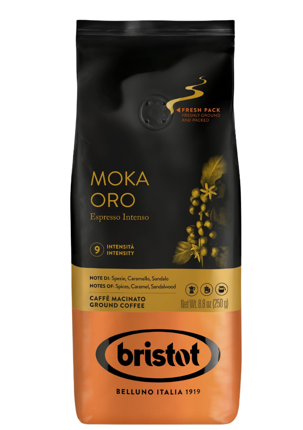 Bristot Moka Oro ground coffee packaging highlights premium blend for home brewing