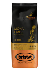 Bristot Moka Oro ground coffee packaging highlights premium blend for home brewing