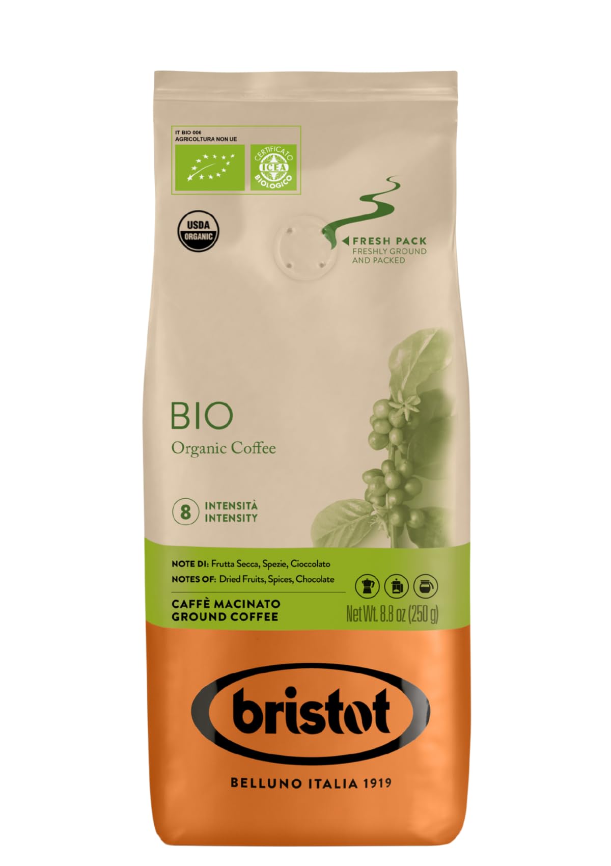 Bristot Organic Ground Espresso packaging with USDA certification and rich aroma