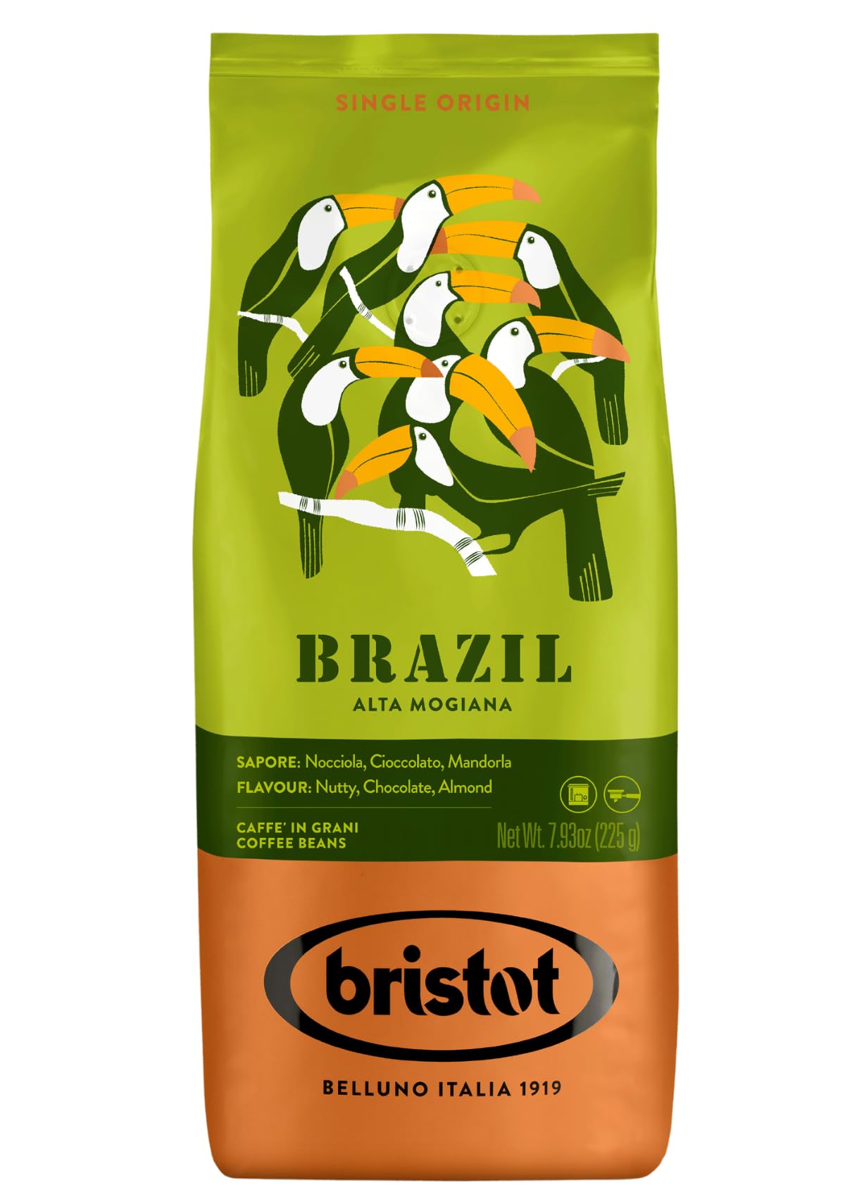 Bristot Single Origin Brazil Alta Mogiana whole beans for an authentic espresso profile.