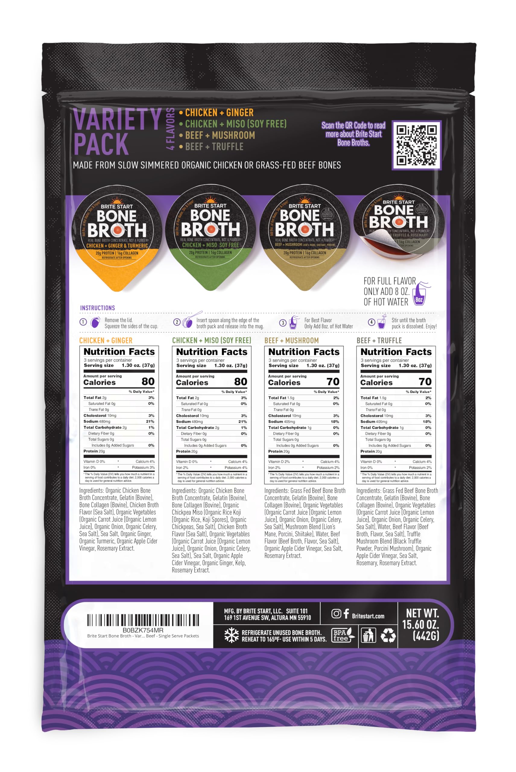 Brite Start Bone Broth with 16g collagen and 20g protein per serving for daily nutrition.