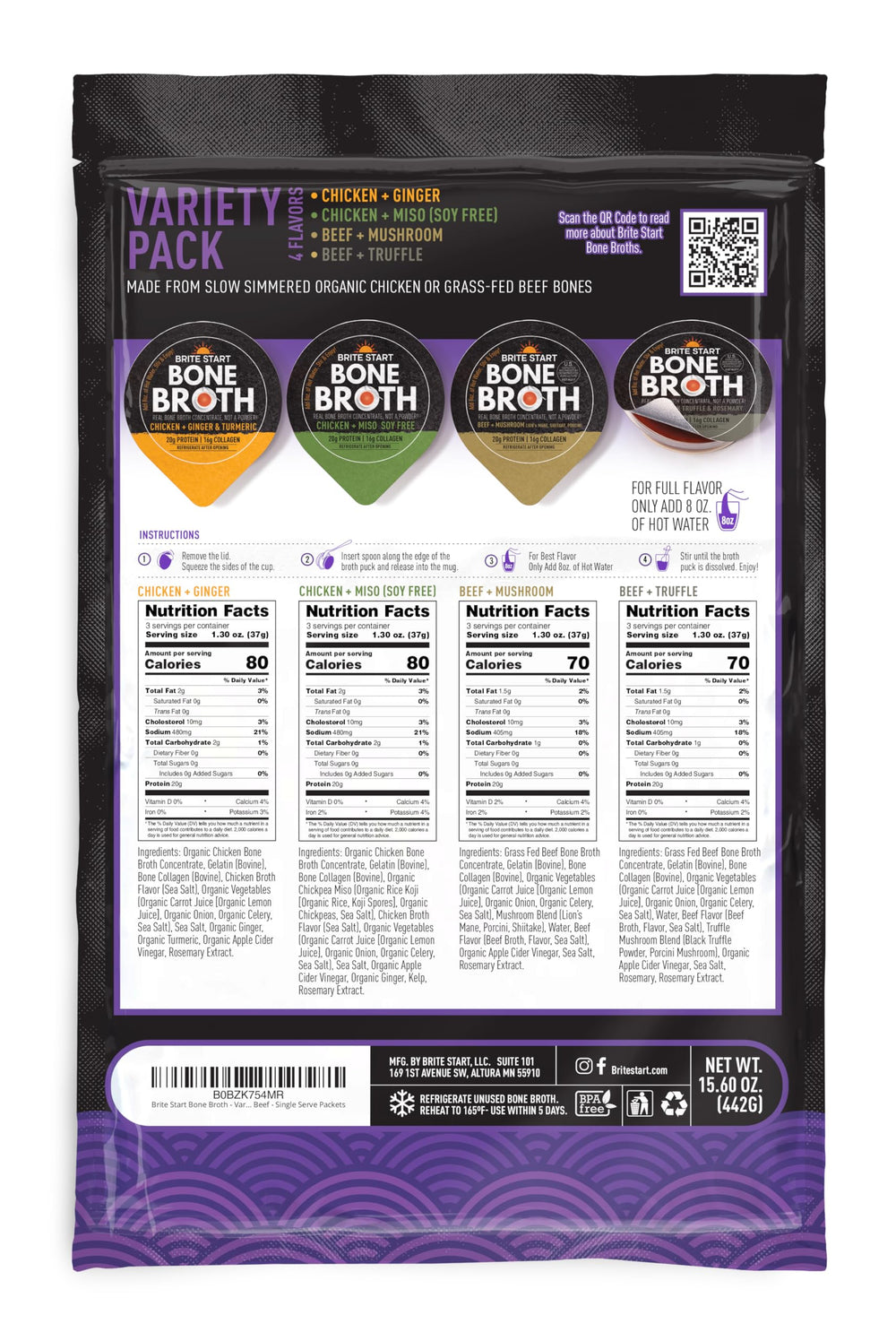 Brite Start Bone Broth with 16g collagen and 20g protein per serving for daily nutrition.
