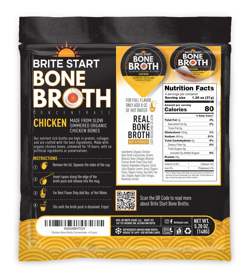 Brite Start chicken bone broth concentrate in a single-serve packet for quick soups