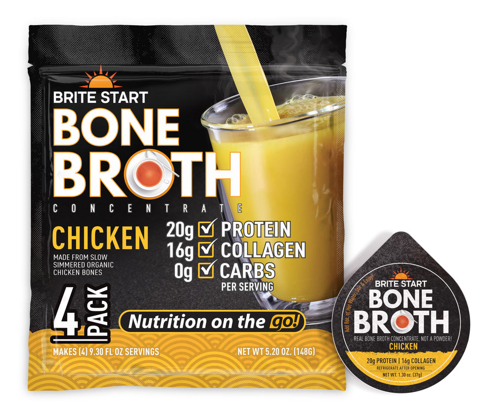 Brite Start chicken bone broth on-the-go packets offering protein-rich nourishment