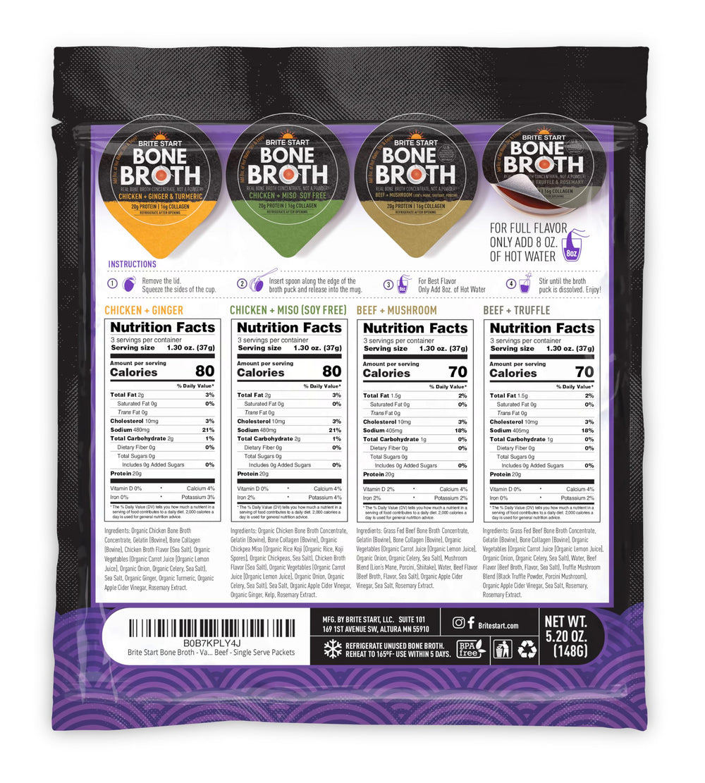 Brite Start Bone Broth Single-Serve Packets, portable nourishment for workouts or travel