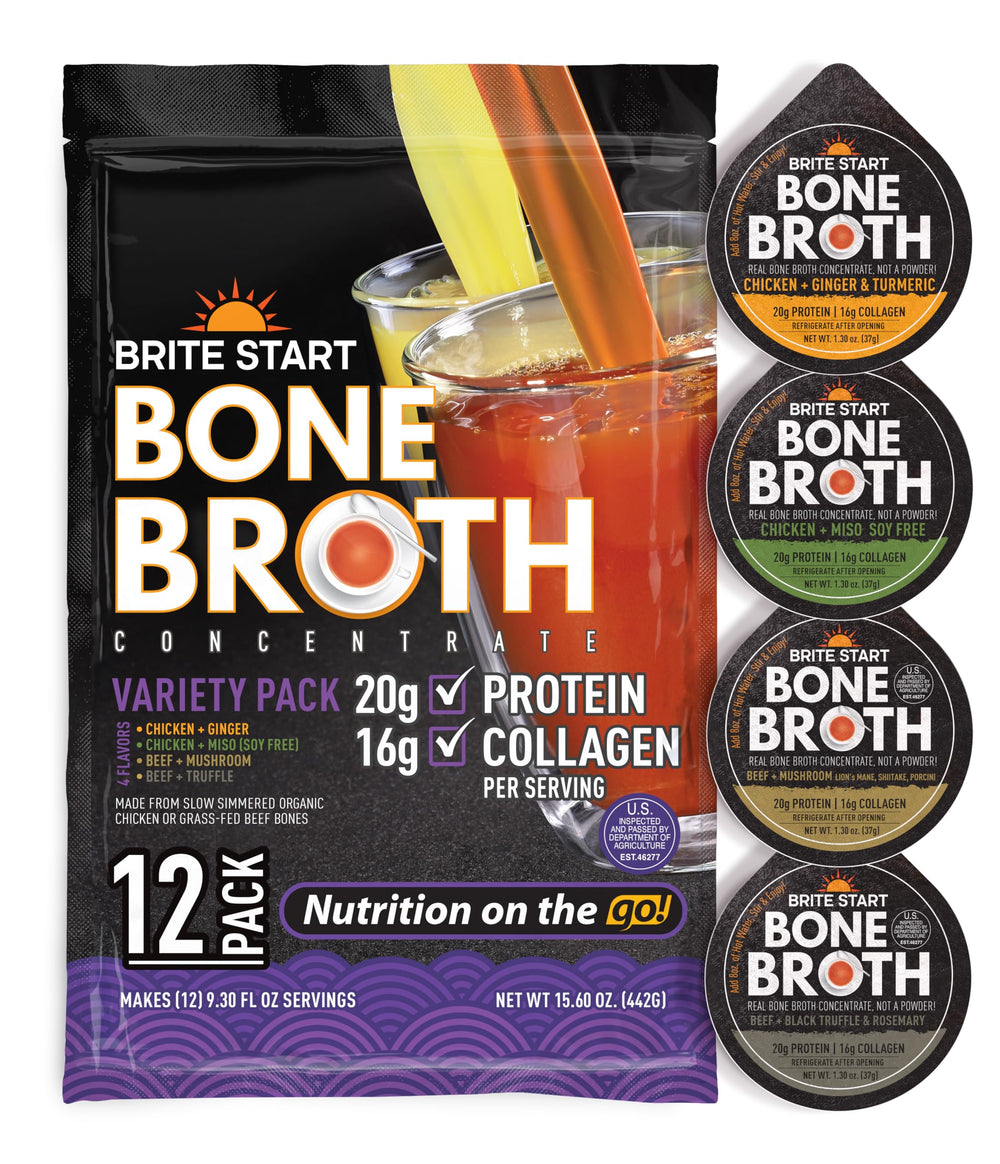 Brite Start Bone Broth slow-simmered for 18 hours, ready to mix in hot water.