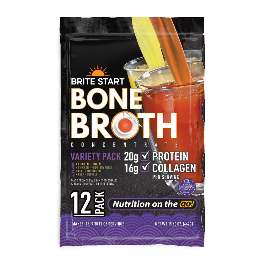 Brite Start Bone Broth Variety Pack with on-the-go packaging for quick, protein-rich nourishment.