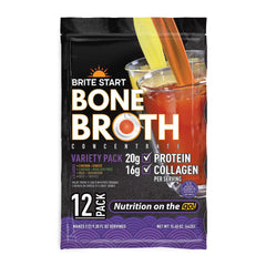 Brite Start Bone Broth Variety Pack with on-the-go packaging for quick, protein-rich nourishment.