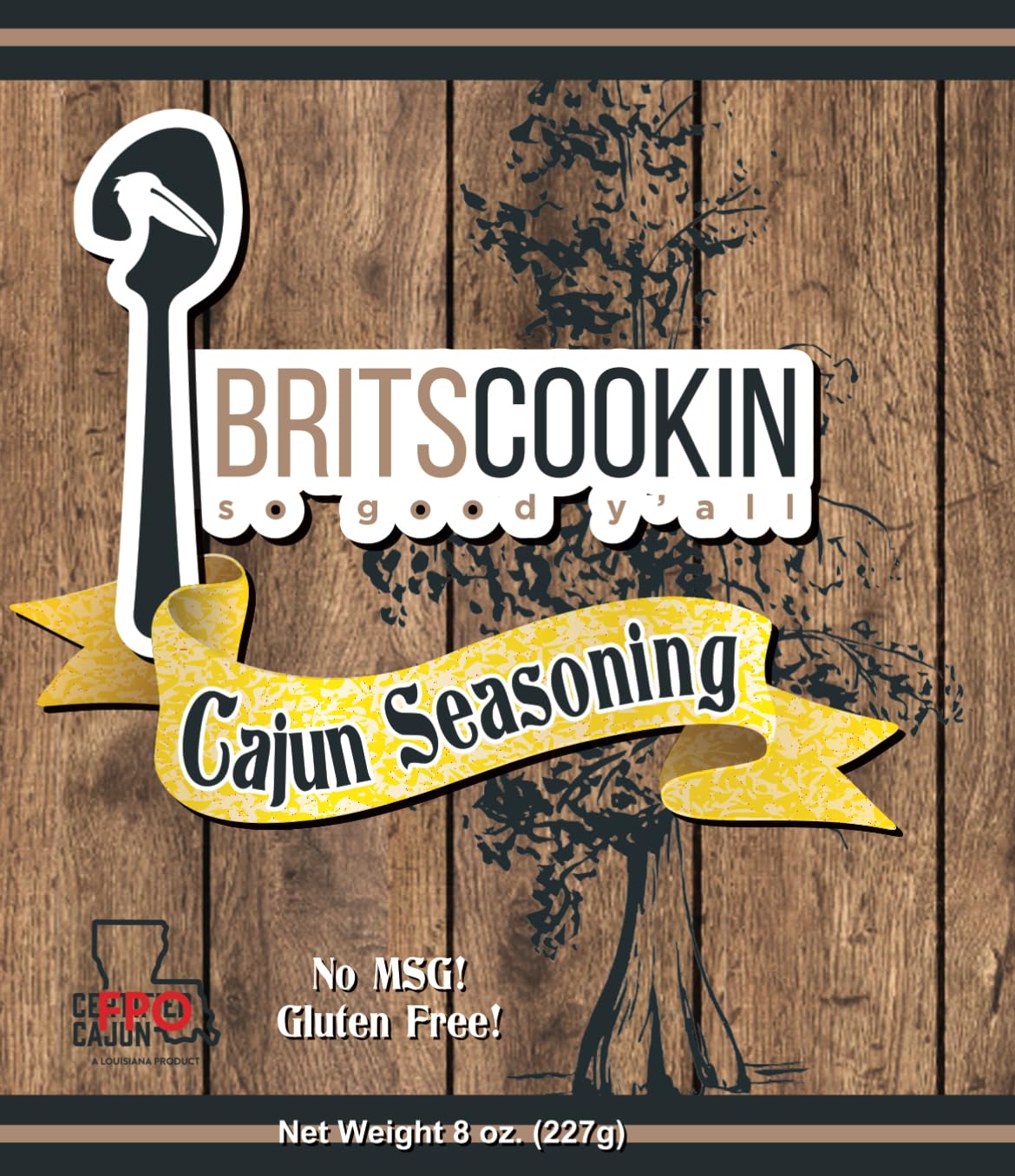 Britscookin Cajun Seasoning brand close-up promotes authentic Louisiana cooking vibe.