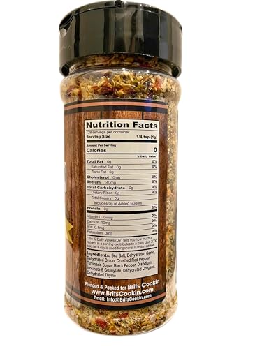 Britscookin Garlic & Herb Seasoning label closeup highlights gluten-free, no MSG blend