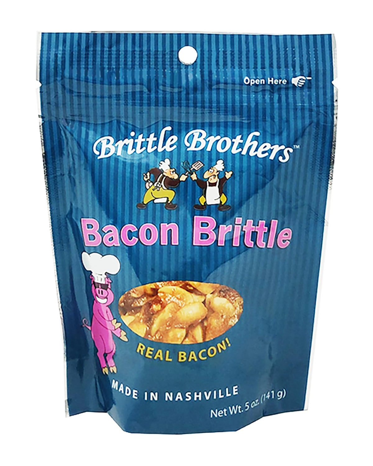 Brittle Brothers Bacon Peanut Brittle 5 oz gift bag with savory crunch and nut-forward sweetness
