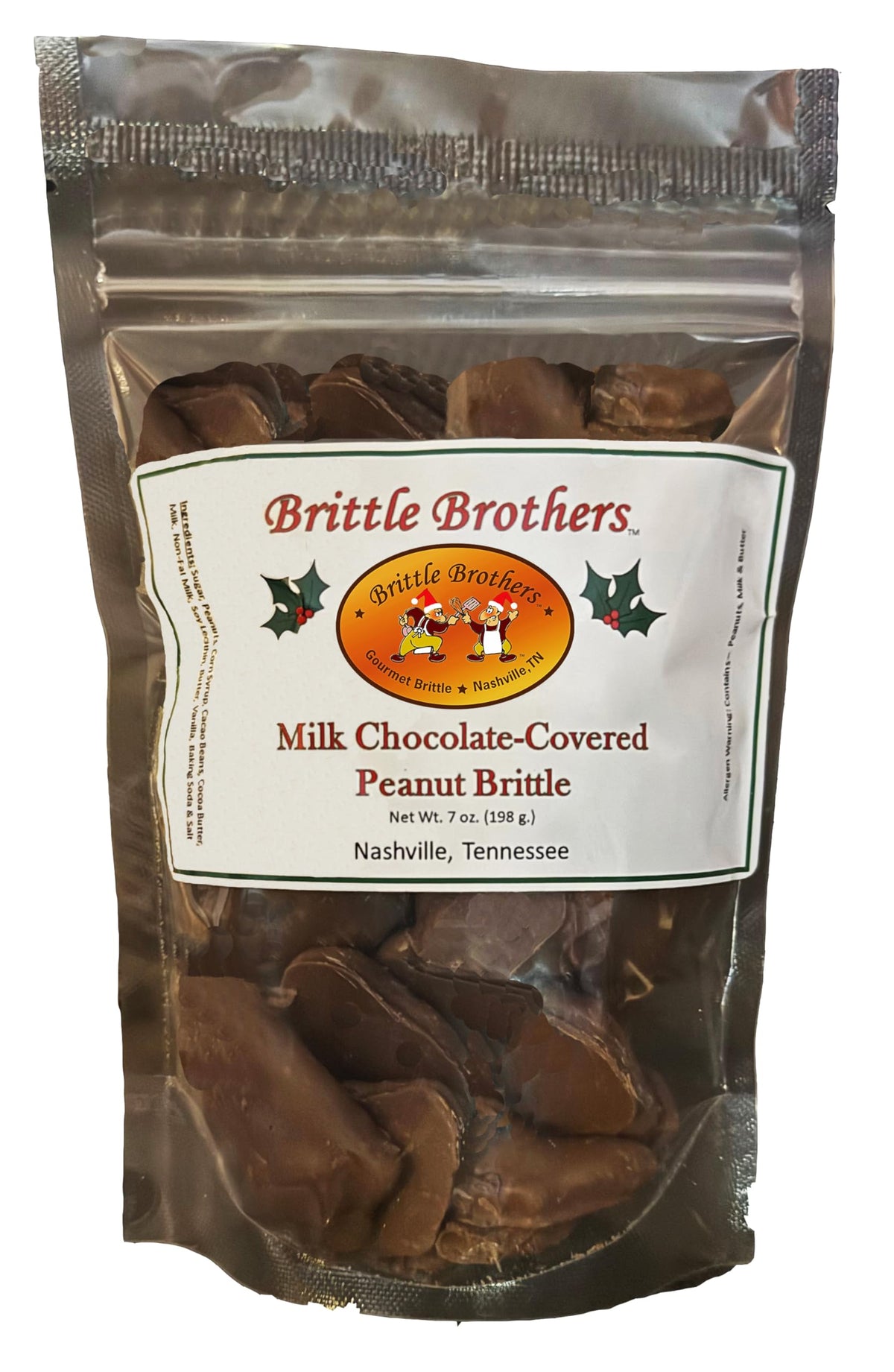 Brittle Brothers chocolate-covered peanut brittle gift bag with rich milk chocolate coating and nutty crunch.