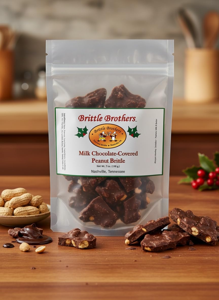 Close-up of milk chocolate-coated peanuts from Brittle Brothers brittle.