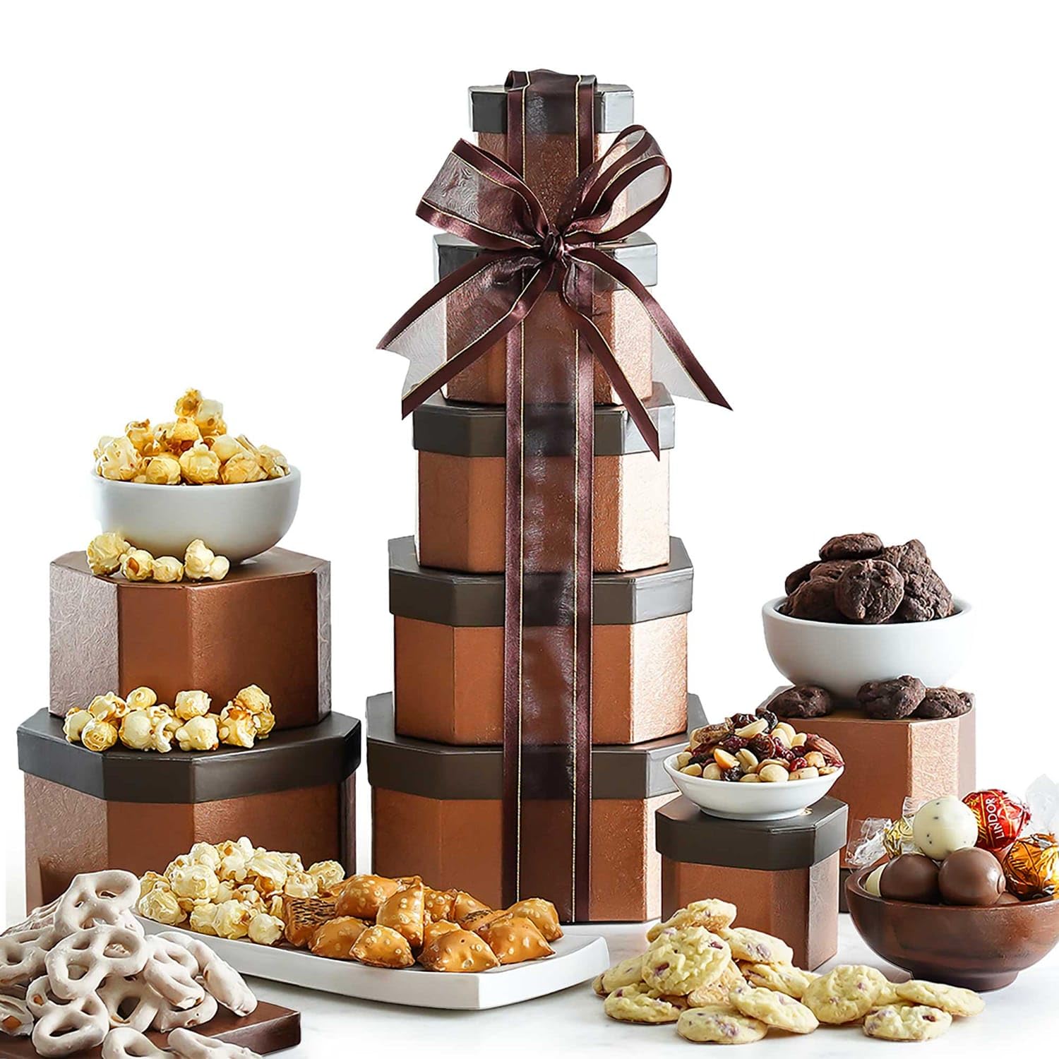 Broadway Basketeers Almond Roca Butter Crunch in gift tower, ideal for celebrations.