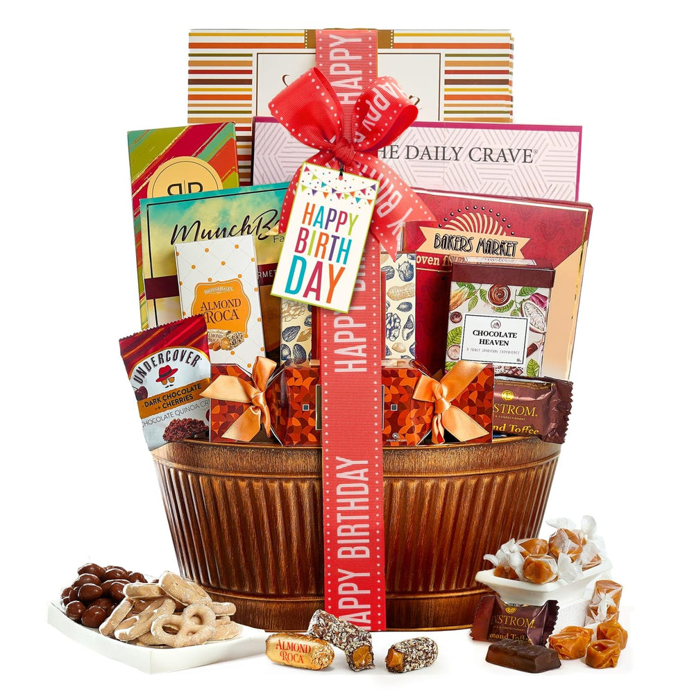 Broadway Basketeers birthday gift basket packaging with festive ribbon ready to gift