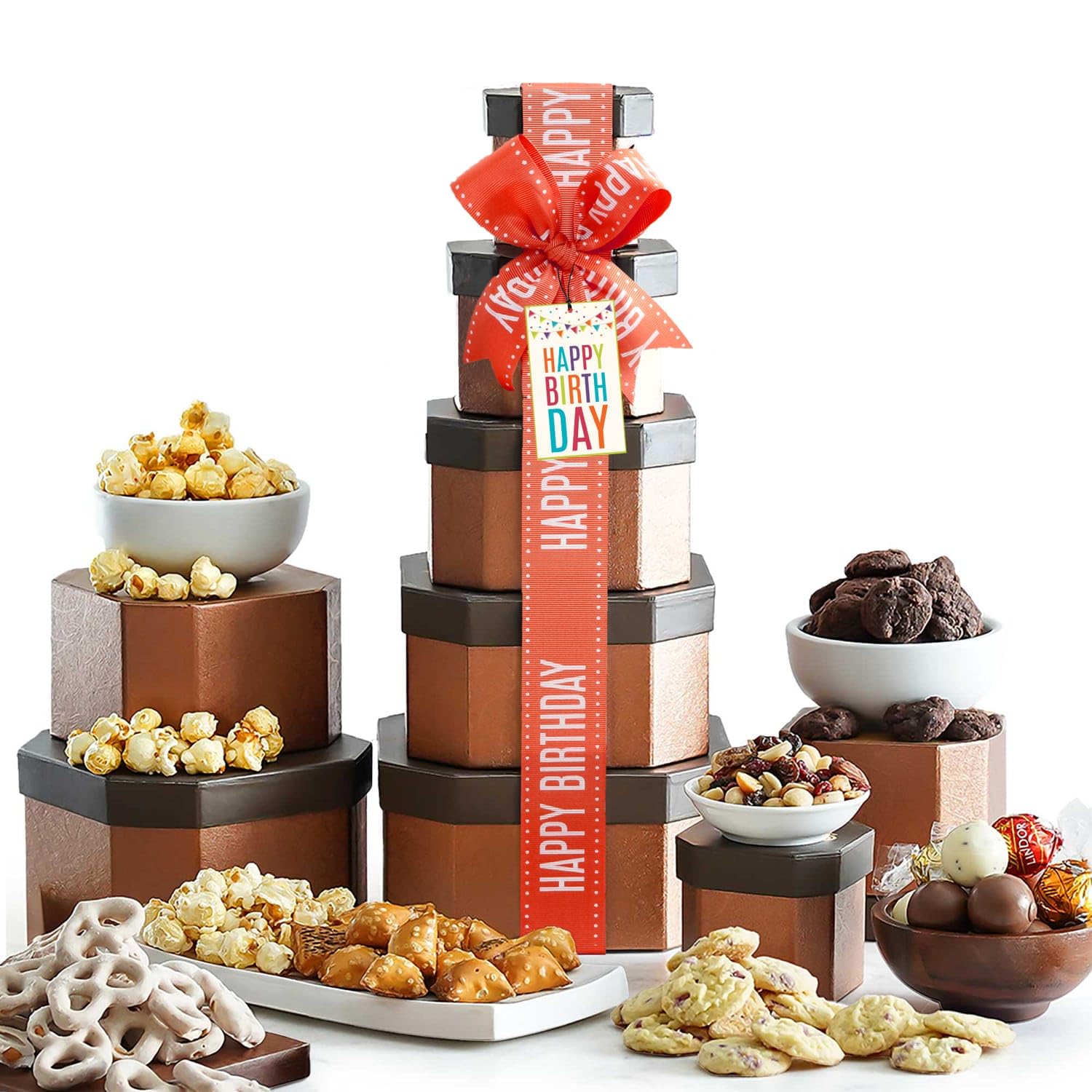 Broadway Basketeers Birthday Gift Basket Tower front view with assorted cookies and candies for celebrations.