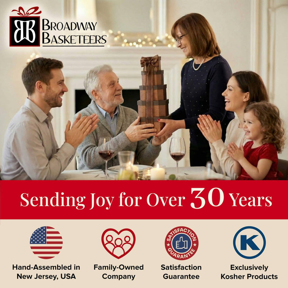 Broadway Basketeers Birthday Gift Basket Tower ready-to-gift packaging sparks joy.