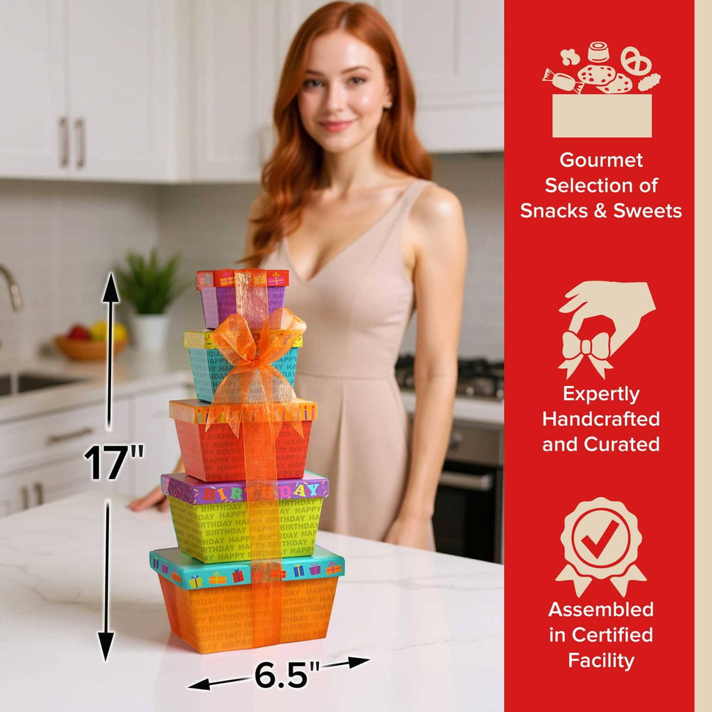 Broadway Basketeers Birthday Gift Tower chocolate assortment pairs with coffee or tea.