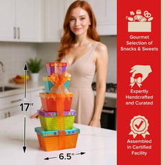 Broadway Basketeers Birthday Gift Tower chocolate assortment pairs with coffee or tea.