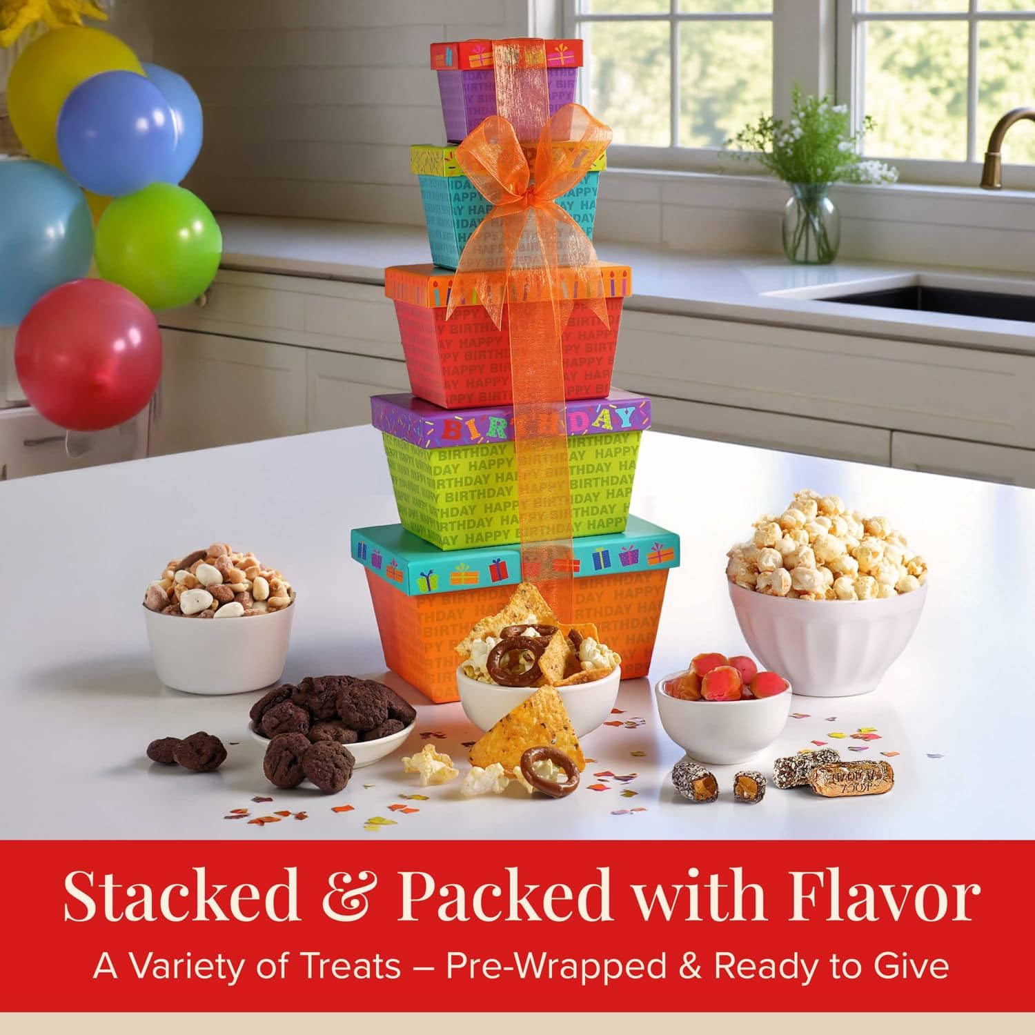 Broadway Basketeers Birthday Gift Tower popcorn option adds festive crunch.