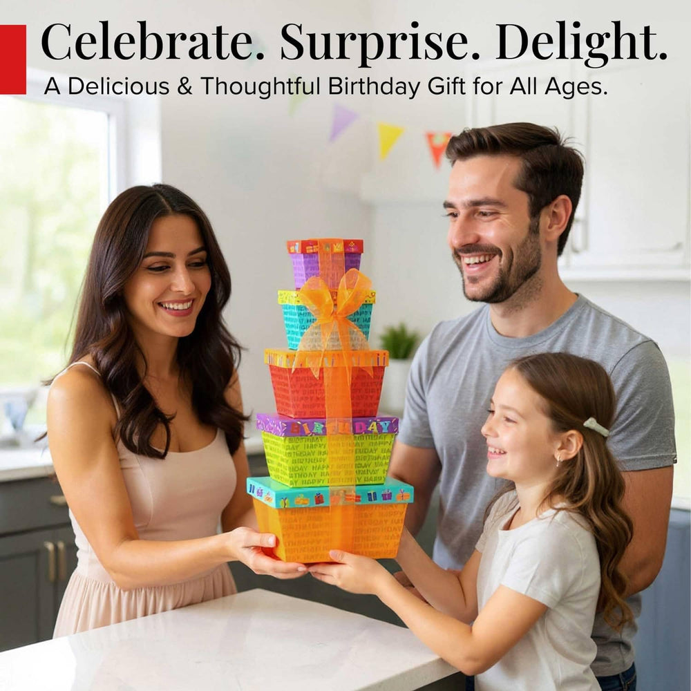 Broadway Basketeers Birthday Gift Tower individually wrapped portions support hygienic serving.