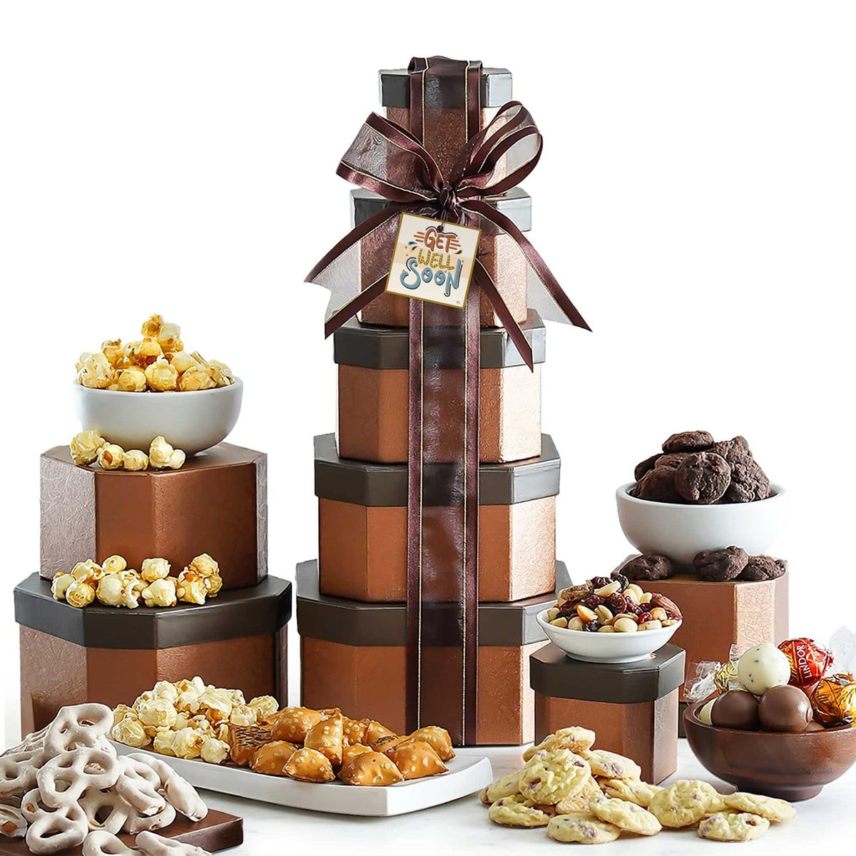 Broadway Basketeers Get Well Gift Basket Tower cookie platter for recovery comfort