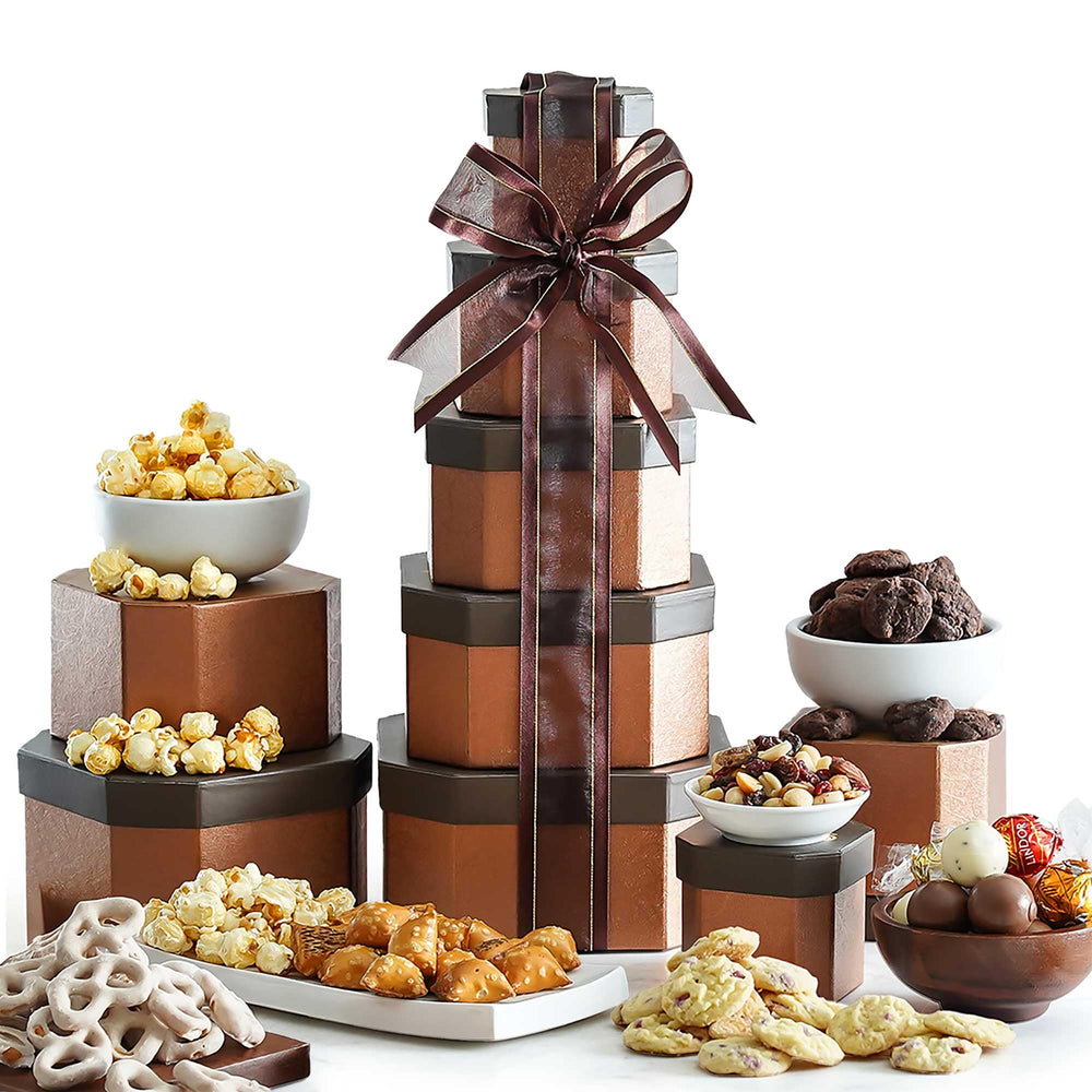 Broadway Basketeers gift basket tower presents a deluxe kosher snack collection for sharing.
