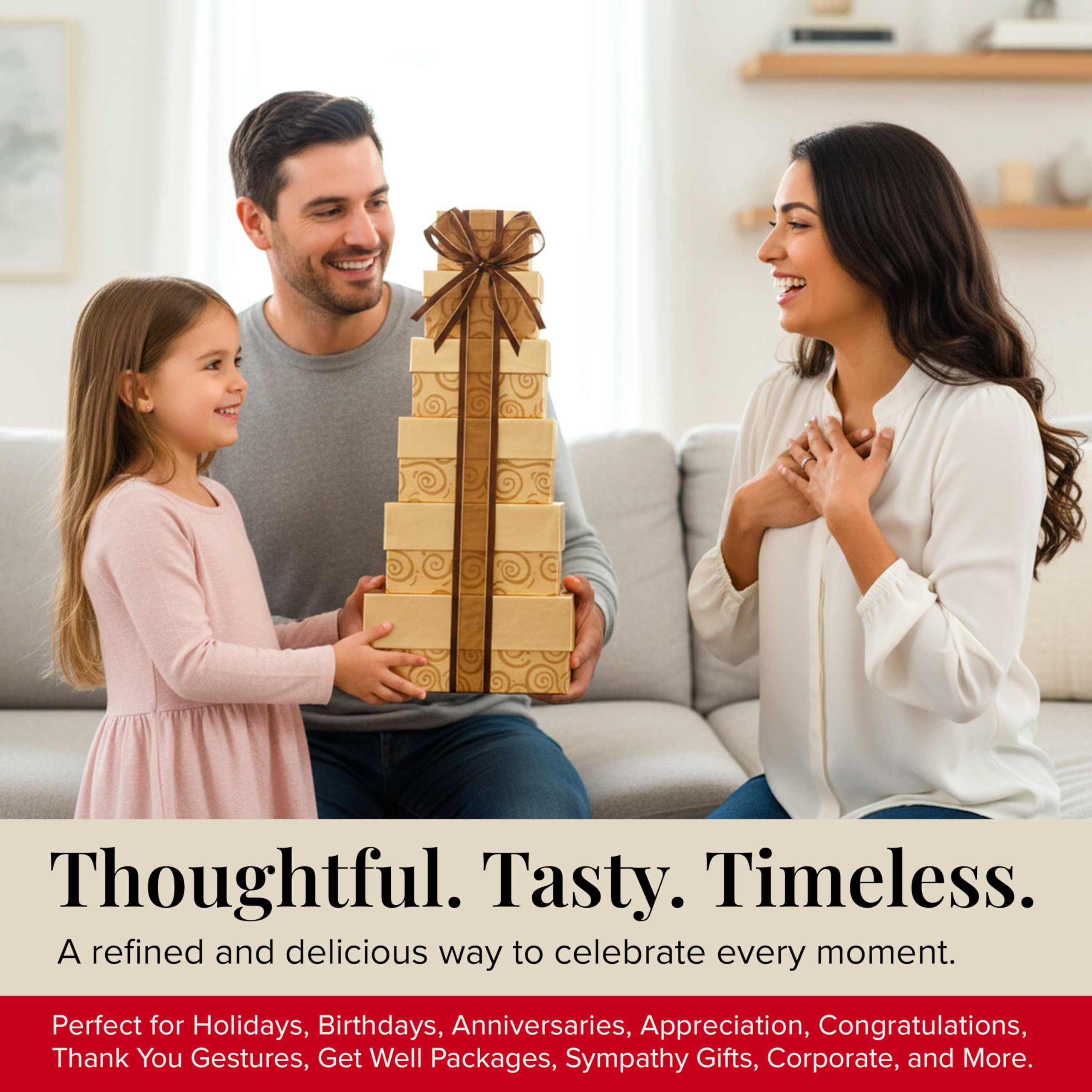 Broadway Basketeers gift tower cookies showcase delicate baked selections for gifting.