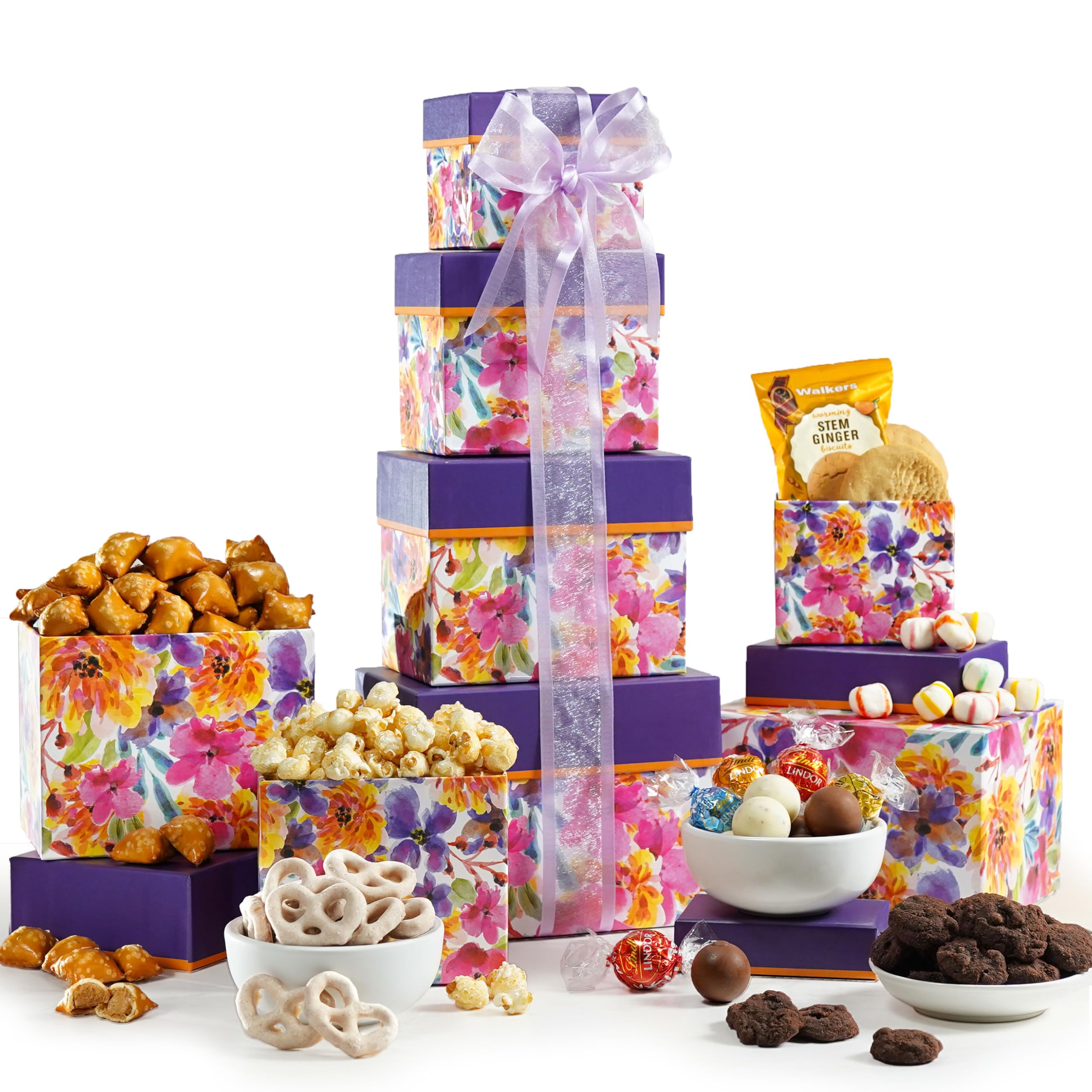 Broadway Basketeers gift tower with stacked boxes showcasing premium packaging for gifting.