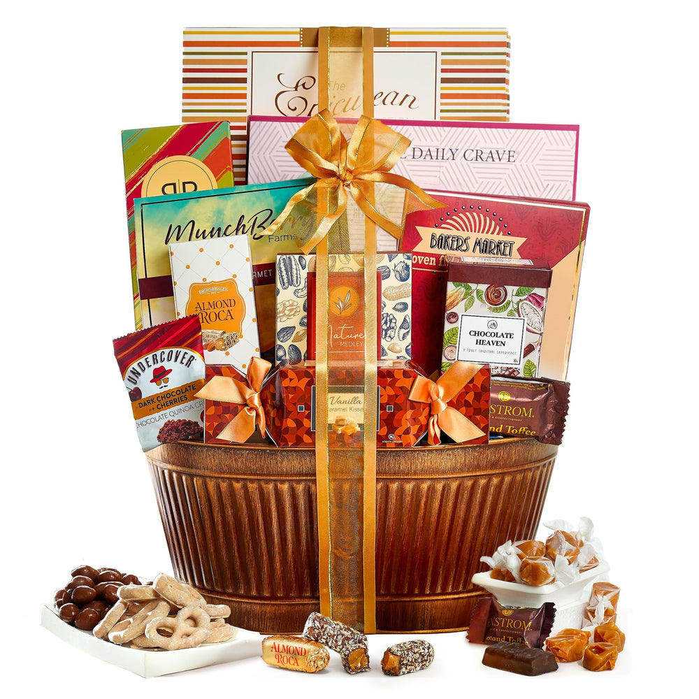 Broadway Basketeers gourmet gift basket wrapped for gifting on special occasions.
