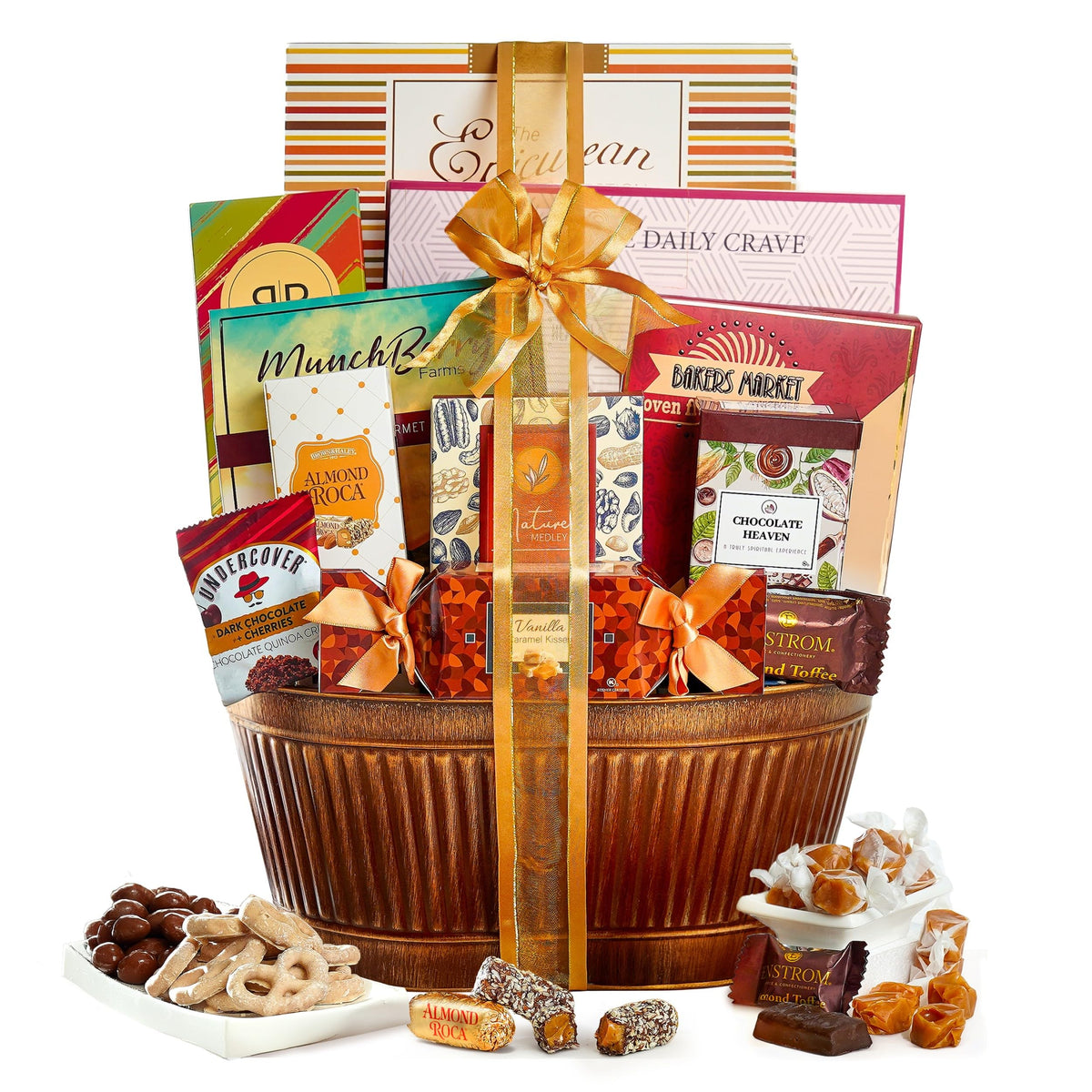 Broadway Basketeers gourmet gift basket wrapped for gifting on special occasions.
