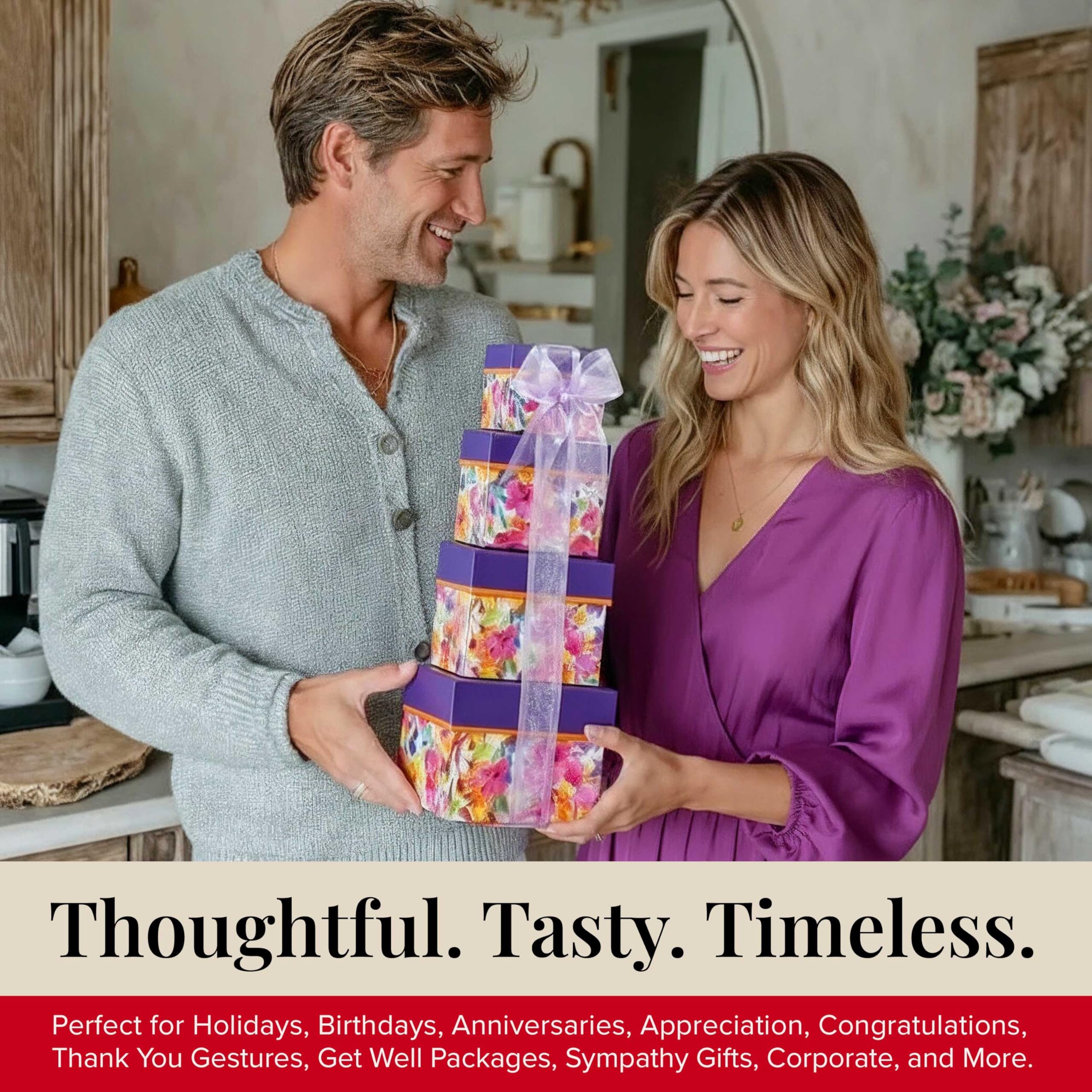 Broadway Basketeers gourmet snacks assortment featuring cookies and popcorn for indulgent snacking.