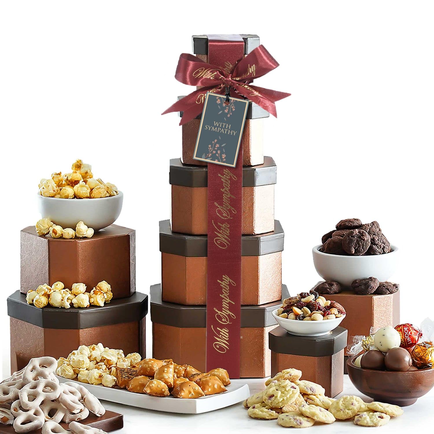 Broadway Basketeers sympathy gift basket tower with tiered presentation for comforting condolences