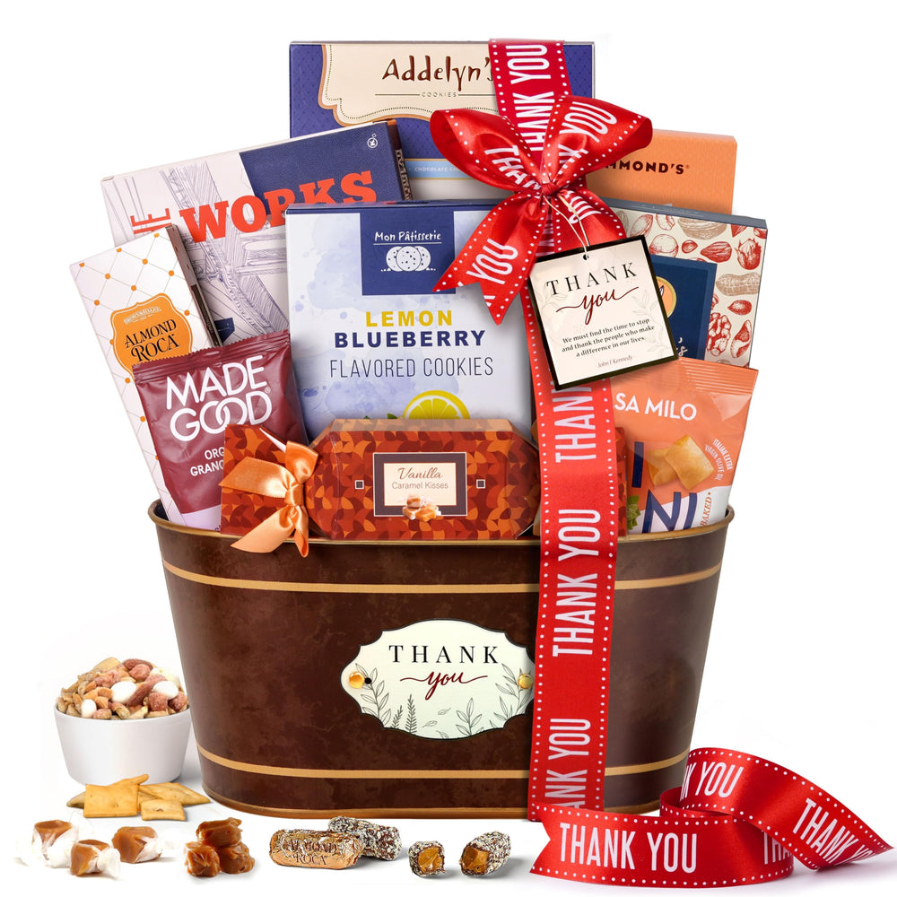 Broadway Basketeers thank you gift basket open display, perfect for gifting warmly.