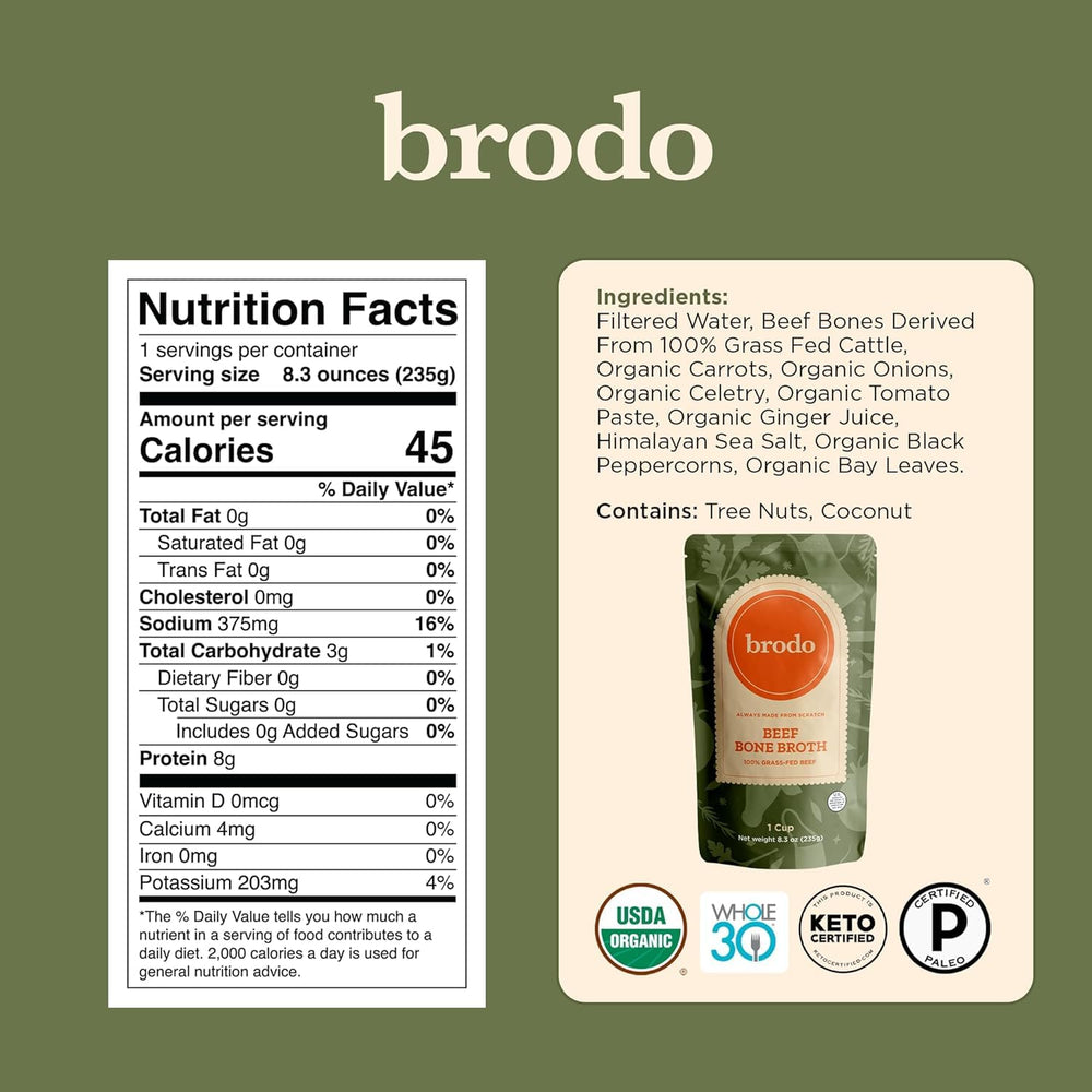 Brodo collagen-protein broth pouch adds protein for everyday nourishment.