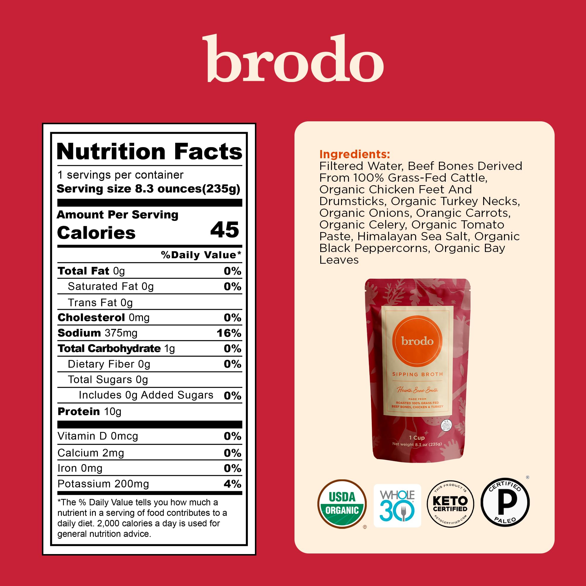 Brodo grass-fed beef bone broth pour highlight for soups and stews.