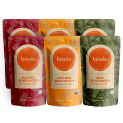 Brodo organic chicken broth bottle close-up for sipping and cooking.