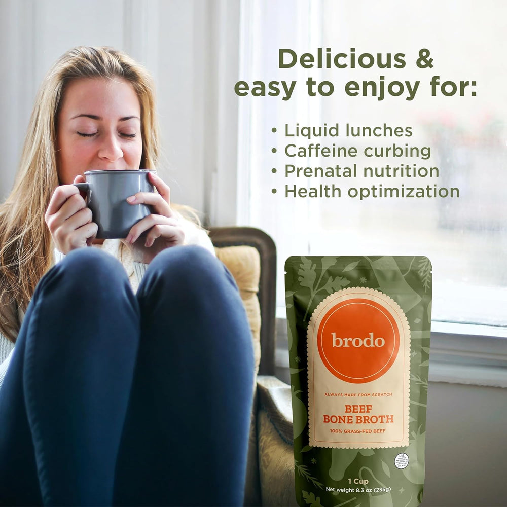 Brodo organic chicken bone broth close-up highlights grass-fed sourcing.