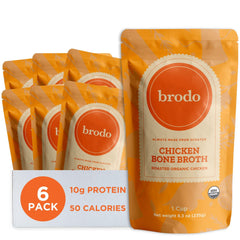 Brodo organic chicken broth bottle showing rich liquid for quick meals