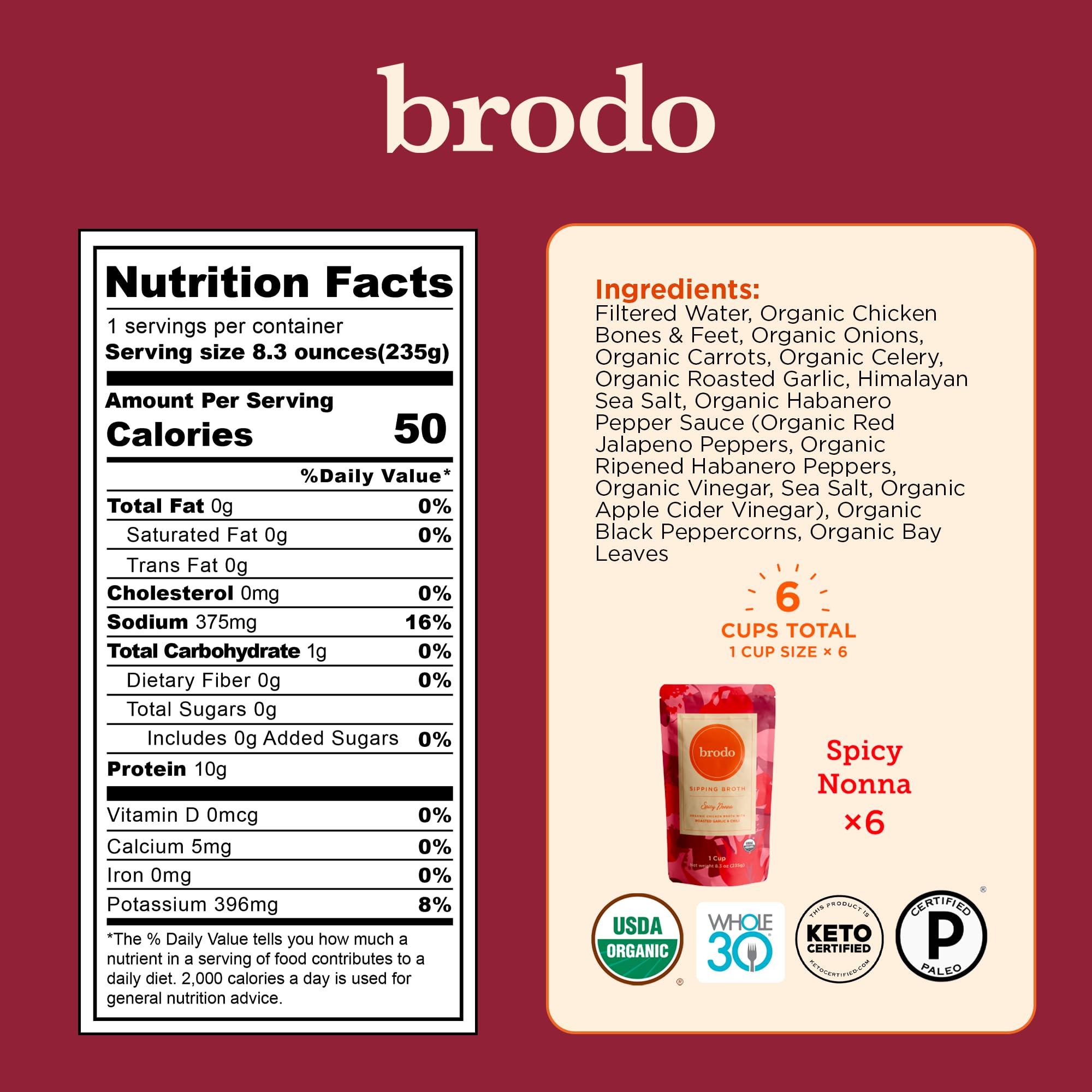 Brodo Spicy Nonna broth pouch open with steam illustrates on-the-go nourishment.