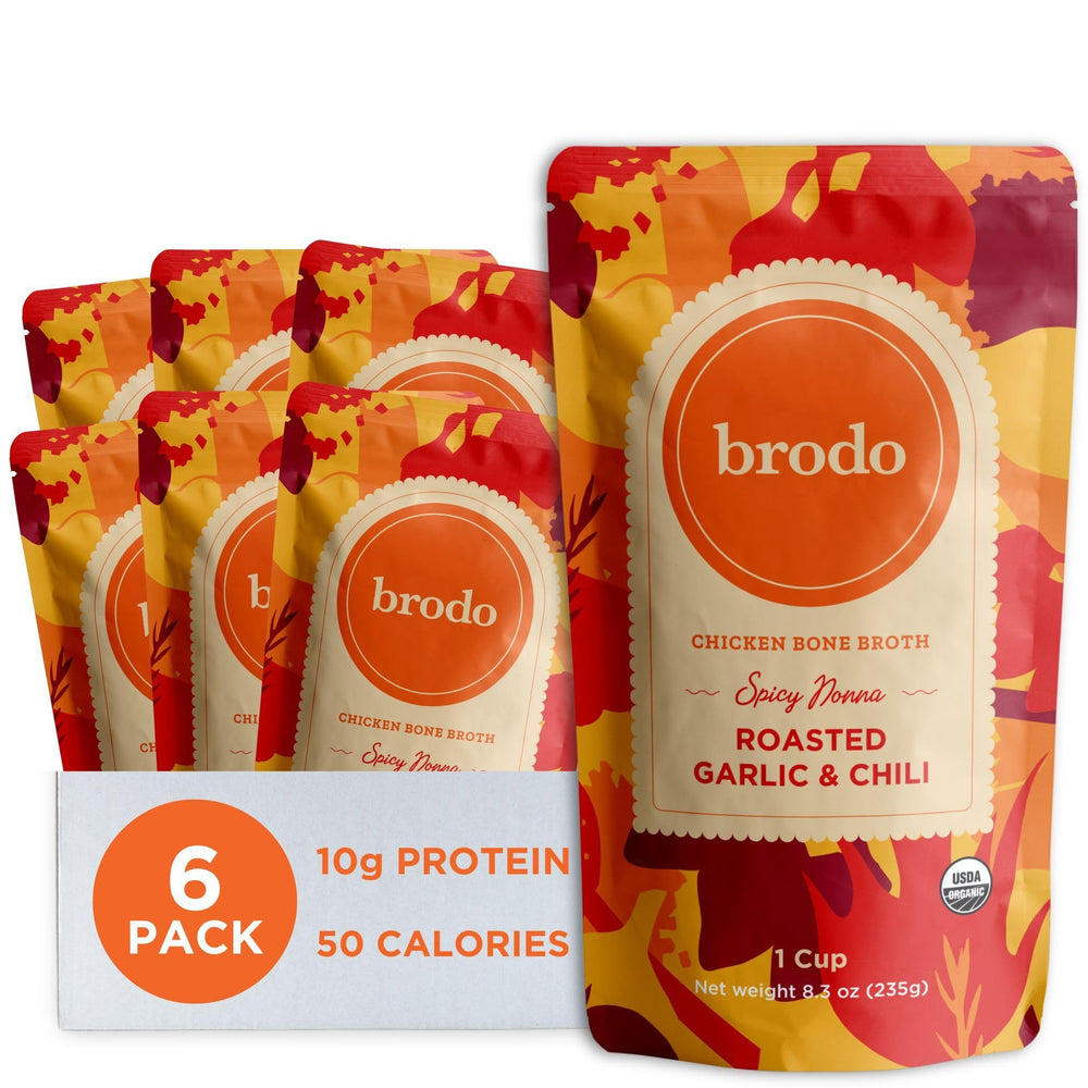 Brodo Spicy Nonna broth pouch shows roasted garlic and chili aroma for quick, flavorful meals.
