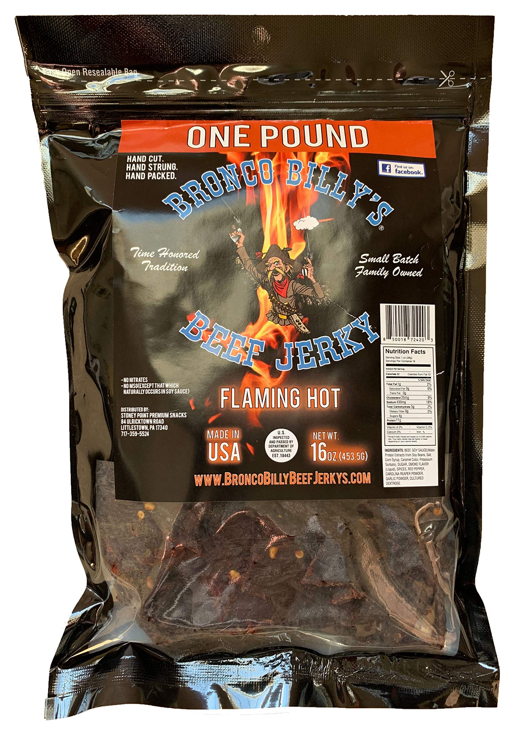 Bronco Billy's Flaming Hot beef jerky bag front displays bold heat for a spicy energy boost.