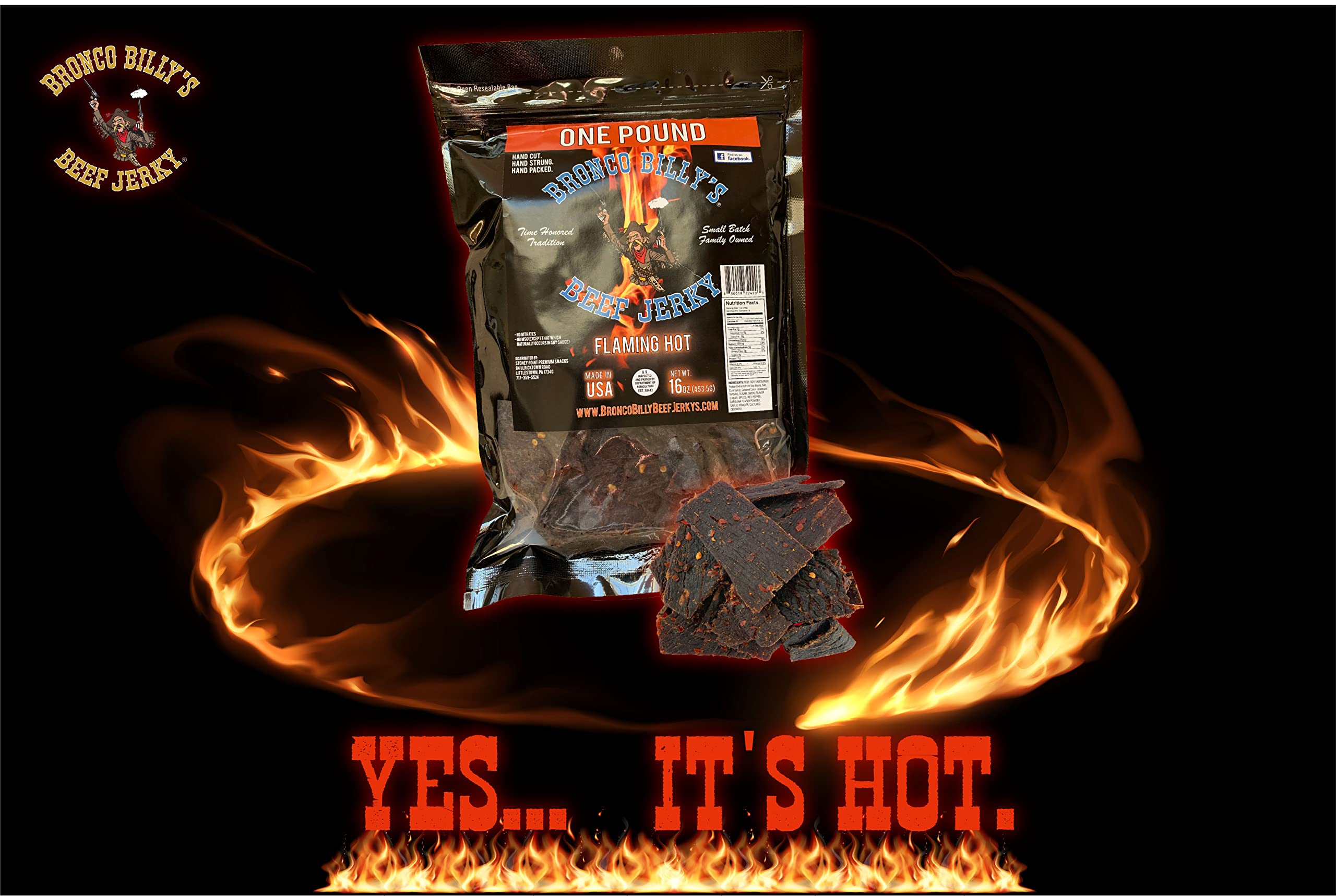 Bronco Billy's Flaming Hot beef jerky strips reveal fiery texture and aroma.