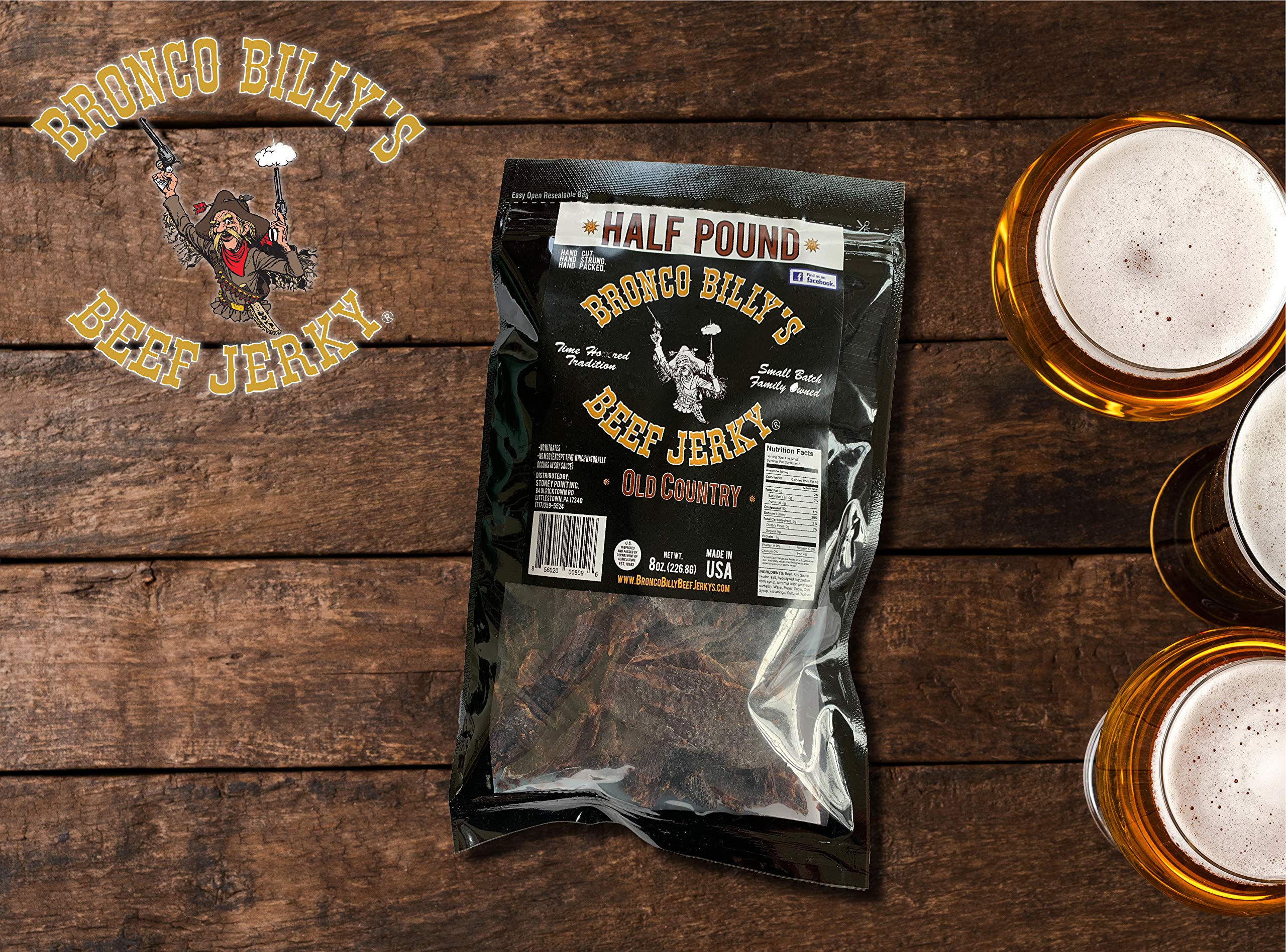 Bronco Billy's Jerky Hickory Smoked rich aroma enhances snack time with smoky notes