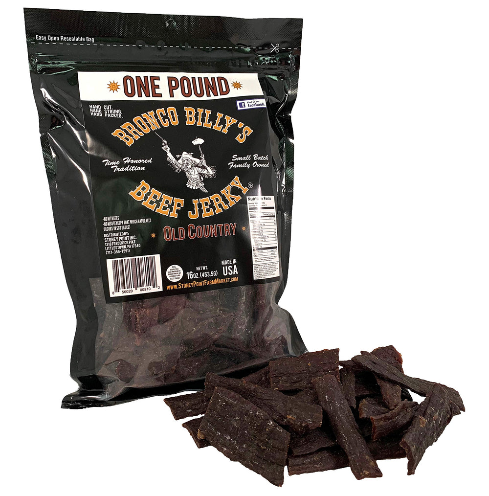 Bronco Billy's Beef Jerky hickory-smoked bag front, ideal for on-the-go snacking