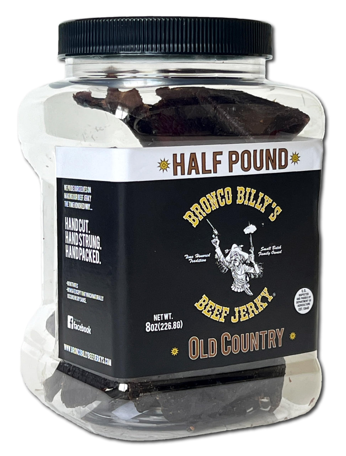 Bronco Billy's Beef Jerky jar label close-up showing authentic old-country hickory flavor